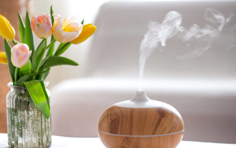 difusor de aromaterapia sob a mesa, com um vaso de flores